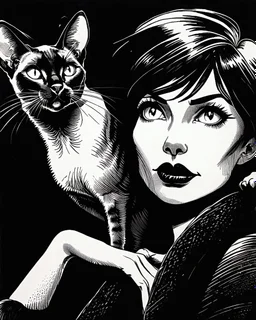 PROMPT: Monochrome ink illustration of a mature woman with long silver hair, eyes gazing upward, lips parted in thought, a Oriental shorthair Siamese cat draped on shoulder, staring sideways with sly expression. Deep shadows emphasize contours and texture. Bold hand-drawn lines, scratched ink details, black background creates isolation. Gothic comic aesthetic, vintage pulp tone, emotional stillness, surreal tension, expressive portrait in graphic noir style