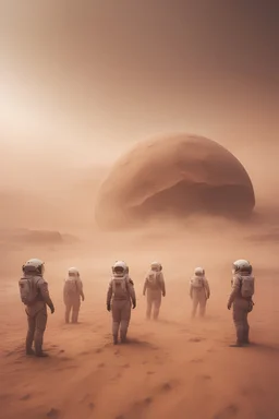cinematic, a group of astronaut with helmets, establishing wide shot, sand - storm, mars desert, peach light, movie still style raw
