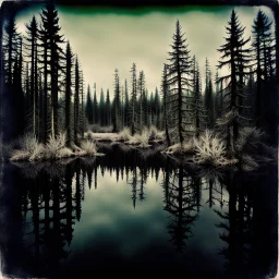 Sublime foto close-up polaroid ad alta definizione di una foresta di conifere falsa, strani mostri, un lago falso, surreale, collage art, dadaism, sublime, splimapys nero, cielo nero, acqua nera riflette un sole nero, macabre piante circondano il lago, alghe, hypermaximalist, Max Ernst style, strangeness, intricate, hypnotic, obsessive, 8k, deep 3d field, very accentuated details of the rocks, eerie, artistic photo, large format film, medium format film