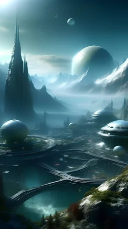 sci fi planet, alpine city, mysterious