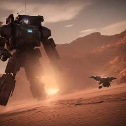 Armored Core machine robot fights another Armored Core fly in the sky in the desert with the ocean where you can see the space in the sky with the twilight on the horizon, 4k resolution