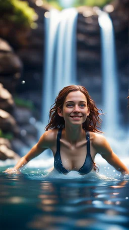 dork girl swimming in waterfall,bokeh like f/0.8, tilt-shift lens 8k, high detail, smooth render, down-light, unreal engine, prize winning