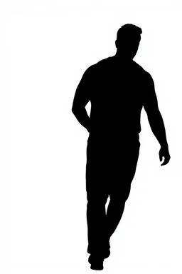 black silhouette of two adult men, one tall and muscular, walking away from the camera on solid white background