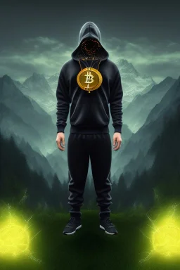 running berserker portrait , no face, black jogging suite , in the night Alps , holding bitcoin , angels background, volumetric gold light, high detail, dark leaf tree, dark mountains in background, perfect