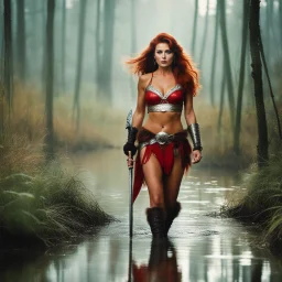 [bokeh photo by Lucien Rousselot] youthful Sophia Loren as Red Sonja camina por la cienaga Red Sonja walks through the swamp with her tiger