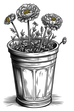 Black and white outline art for marigold flowers in a bucket on a rough ground, white background, Sketch style, full body, only use outline, toddlers style, clean line art, white background, no shadows and clear and well outlined.