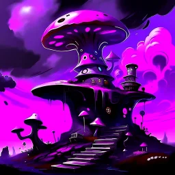 A fantabulous black, magenta and purple (((mushroom tower house))) erected atop a (geologic pillar), surrounded by the uncanny imaginative ((( swirling skies))), offset by the stark hues of a (neon-tinged nebulous space scape), within. captured by the hand a skilled master painter with a focus on (softly blurred compositions and voluminous lighting).