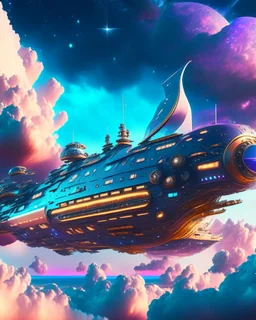 Nave intergalactica futurista, calidad ultra, hiperdetallado, maximalista,, cielo con nubes pequeñas, 8k, cuerpo completo