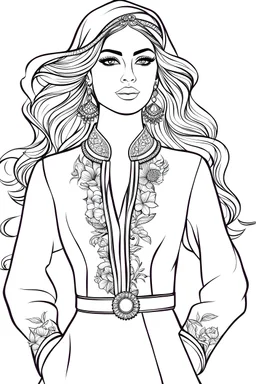 Coloring page of a elegant fashion model woman wearing hindi dress, dynamic poses, full body portrait, thick and clean lines, clean details, ar 2:3, no-color, coloring page style, no-turban, coloring page style, non background, non color, non shading, no-grayscale, coloring page for adults