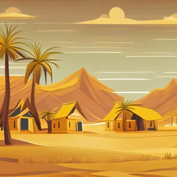 Background of a design of a farm and honey house with mountains and yellow meadows resembling palm trees