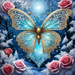 Beautiful filigree lacey butterfly, winter wonderland background, triple frosted heart with bi colored roses, glitter, glowing, transparent, sparklecore, Thomas Kinkade, realistic painting, 8K