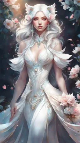 (Full View ultrarealistic Portrait ethereal fantasy hybrid white tigress wearing beautiful gown, flowers, spirituality, 4k digital masterpiece by Anna Dittman and Alberto Seveso Ruan Jia, rossdraws, artgerm and greg rutkowski and alphonse mucha and loish and WLOP, fantasycore, Hyperdetailed, realistic digital painting, soft lighting, featured on Artstation)), dark background, mid shot, full body, neutral expression, ultra realistic, highres, superb, 8k wallpaper, extremely detailed, intricate, l