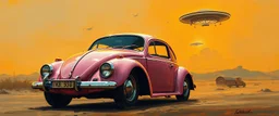 a high definition screen shot of a jet-fighter vw-beetle, retrofuturistic, phototrealism, Macabre Rapture End of days Revelation scene, loose brush stroke matte oil painting, sinner apotheosis,diagonal composition, unbalanced, abstract surreal horror, eerie, scary warm colors, Eldritch, by Colin McCahon Upscale @JonKnockTurnal A photorealistic futuristic pink cadillac 2999 ufo, bilaterally