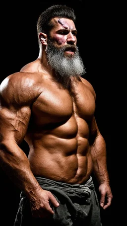 Full human figure shot photo captures a muscular beefy 34-year-old turkish farmer, burly frame with a broken nose, an extensive silver beard cascading down, emanating strength through a muscular, beefy physique, shirtless to reveal a manly chest and wide shoulders, side-lit in a shadowy space, perspective from the ground, photorealistic, ultra clear, dramatic lighting, cinematic.