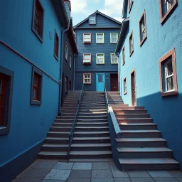Fotografia di strada assurda e falsa orripilante blu weirdcore dai colori vivaci, liminalcore. Escher. Incubo. Confusione geometrica. Scale che scendono. Yves Tanguy. Non luogo falso, inusuale. Le case sono false e dipinte di nero chiaro con cose stilizzate e dettagli. Ci sono finestrelle false quadrate, che danno un senso distopico e molto surreale, disposte in modo casuale. L'atmosfera generale sembra noiosa e onirica, con un contrasto tra elementi reali ed elementi dipinti falsi, René Magritt