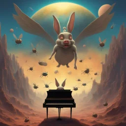 bugs bunny composer piano, diffrent planet, one swine pig piggy flying wasp angel, beksinski style daker theme