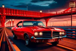 A red Pontiac GTO Cabriolet on a bridge with a LOT of New Year's rockets in the sky