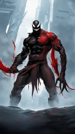 Venom symbiote with kratos Beard and red tattoos and Clothes, holding blade of choice