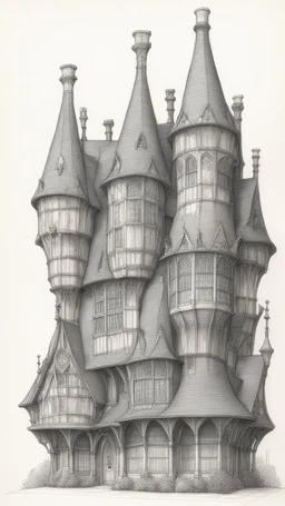 technical drawing pencil sketch front elevation of a row of skeletal multtechnical line drawing of the front elevation of a tall, narrow, warped, fantasy Tudor building, with twisted chimneys, rooms and floors added to sides and roofs, like the warren.i-story fantasy tudor buildings