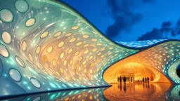 A stunning pavilion with wave-like, curved architecture made from a combination of crystal-clear glass and bioluminescent materials. The structure is adorned with countless windows of varying shapes, creating a mesmerizing play of light and shadow. Award-winning photograph, beautiful composition, exquisite detail and illumination