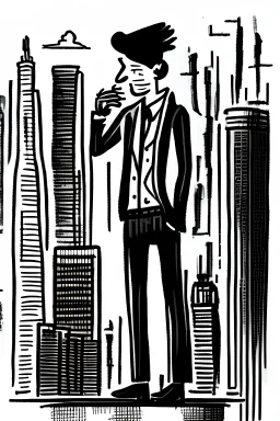 hand-drawn smoking man on a rooftop overlooking a city with streets, building and skyscrapers in the style of stick-figure