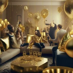 A picture of partying people in a living room with gold party decoration