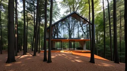 Hidden among tall trees, the contemporary house blends modernity with nature. The matte orange ground floor seems to rise from the forest floor, while the glassy, angular upper floor reflects the tree canopies and allows filtered sunlight to pour in, creating a serene space in harmony with nature.