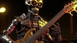 4K. REALISTIC FULL DETAILS. UN TERMINATOR STEAM PUNK DEBOUT AVEC UNE GUITARE EN MAINS FIRESTARTER