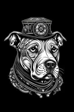 Steampunk Pitbull portrait, American Bully, White dog, Steampunk hat, Line art, think the line, colouring book, black and white