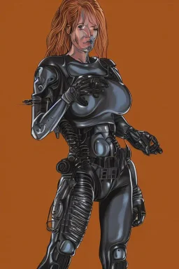 Portrait lady, full body shot, full-color long shot style of the Terminator