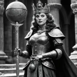 [bloody high res photo by Ray Harryhausen] she is a medieval queen holding her splendid sword and a globe: the sign of her power. High level of detail, he flesh is soft
