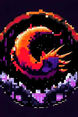 combining darkness and celestial elements. Feature a stylized eclipse at the center, with the moon partially covering the sun, casting claw-like shadows. Use deep purple fading into fiery orange-red. Surround the eclipse with jagged metallic shapes, make it 8bit and retro.