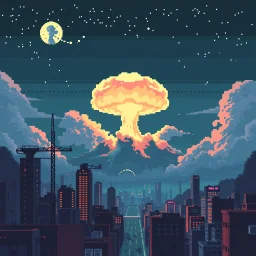 8 bit pixelart of a retro anime style, serius dark 1990s anime style, city, atomic mushroom cloud, synthwave, destroyed city