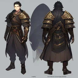 Character sheet, male, black hair, poor, old leather armor