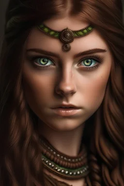 Celtic/Viking girl with brown eyes and brown hair.