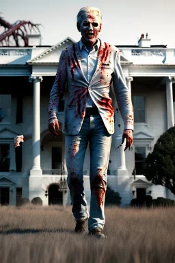 Ultra realistic image, joe biden zombie, zombie performance, blood, torn arm, night, walking twisted, waist up view, walking dead style, dark ambient, highly detailed, White House background, concept art, unreal engine 5, god rays, ray tracing, RTX, lumen lighting, ultra detail, volumetric lighting, 3d, finely drawn, high definition, high resolution.