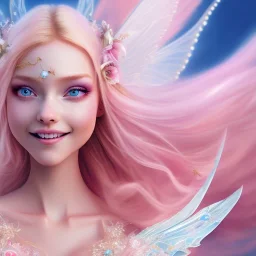 cheerful fairy, big smile, pink, blonde hair, beautiful, whole face, whole top hair head, wide open blue eyes, transparent wings onn the back, hyperrealism, masterpiece, expert, cinematic lighting, sharp focus, 8K, pastel, macro lens, woman, detailed, flower