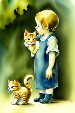 A cute cat is holding a kitten. Watercolour