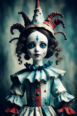 Digital closeup photo of adorable and beautiful fine artistic porceline doll dressed in a distressed jester costume , minimalist , blends conceptual art with elements shadow play, diffuse textures, artistict forms, inspired by Ankie Daanen