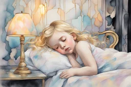 a cute little girl with blonde hair sleeping in an elegant bedroom, tiffany painted lamp lit in the background, S<AI in moonshine. Pastel melting watercolour and black ink outlines on wet paper, shading colors, light strokes. cracked holographic marble background, the cracks are golden