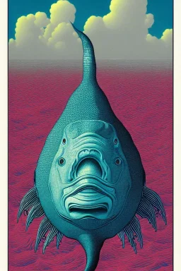 a vibrant ultraclear poster of a a big fish, by rene magritte and laurie greasley, etching by gustave dore, colorful flat surreal, ethereal, intricate, sharp focus, illustration, highly detailed, digital painting, concept art, masterpiece