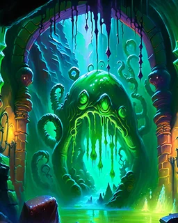 a slimy dripping gelatinous cube in vast cavern room with iron gates art painterly