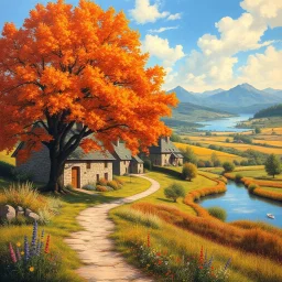a beautiful, idyllic countryside landscape painting. The scene depicts a serene autumn setting with a large tree with vibrant orange and red foliage in the foreground. There's a winding path leading to stone cottages near a tranquil river or lake. The landscape includes rolling hills with fields, more cottages in the distance, and mountains on the horizon. Colorful wildflowers bloom in the foreground, adding to the picturesque nature of the scene. A small boat can be seen on the water. The overa