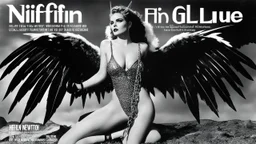 NIFFIN’ GLUE magazine high res photo cover by Helmut Newton: special 'boundage with heavy chains and diapers for her' issue; guest star : Lilitha Embervein with her wings, daughter of the flame-wielding cult of Pyr’Zhar,