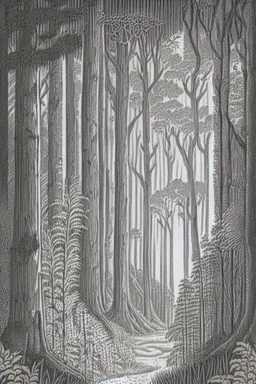 in the style of Henry Justice Ford, a drawing of a forest