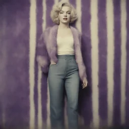 Marilyn monroe Hippie girl, jeans, purple fur, striped wallpaper, old autochrome