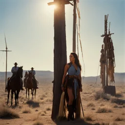 expensive scene from a western movie "Soldier Blue", Cheyenne woman, tied-up tied to a totem pole, scorching sun, high noon, American blue-shirt cavalry soldiers in background, Colorado Eastern Plains, cinematic lighting, FOV, 16k.