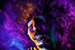 close-up Jimi Hendrix, kinetic lighting, dynamic light patterns, moving lights, immersive illumination, synchronized lighting, LED lighting, concert lighting, theatrical lighting, artistic lighting, dynamic lighting, light show, visual spectacle --ar 3:4 --niji 5