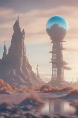 plexi glass tower on a strange planet with weird colors and wind turbines, bokeh like f/0.8, tilt-shift lens 8k, high detail, smooth render, down-light, unreal engine, prize winning