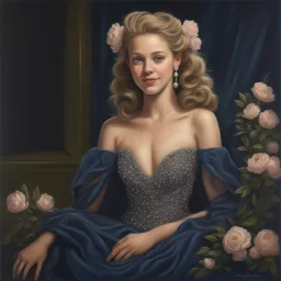 sweet, very fashionable girl, beautiful 20 years old, midnight blue beaded dress, pearl, flowers, light curls, curls, slicked back hair, sweet smile, olive bright eyes, perfect proportions, perfect face, perfect anatomy, perfect hands, sophisticated, backlight , atmospheric, oil painting, pastel pencil, volumetric hyperrealism, over-detailed, photorealistic, professional photography, high quality, clear focus playground